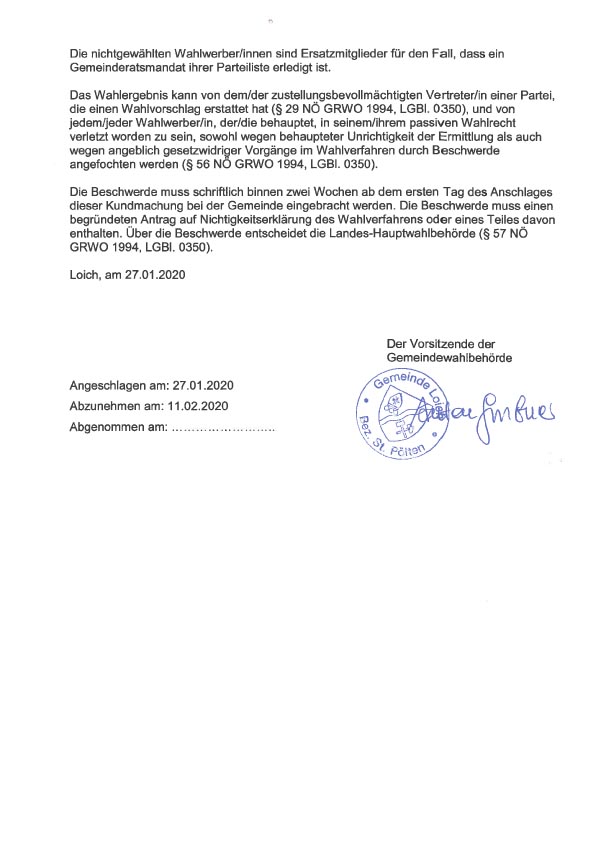 Kundmachung Ergebnis der GR Wahl 2020 2