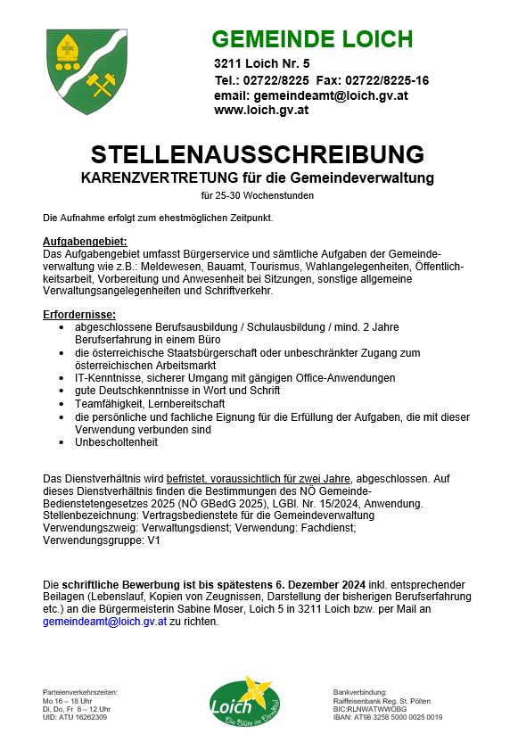 Stellenausschreibung  Karenzvertretung Gemeindeverwaltung 