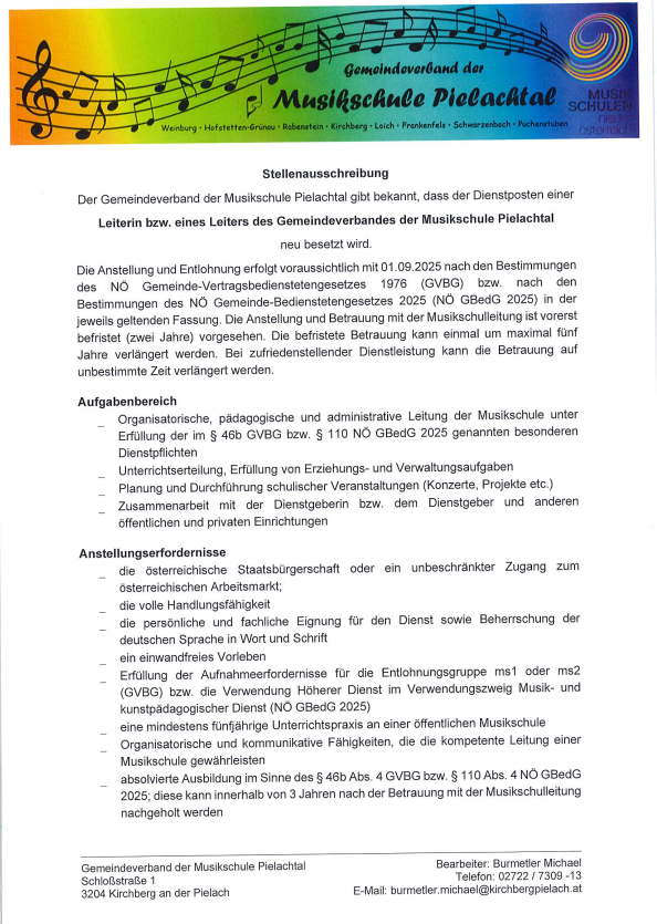 Stellenausschreibung Musikschule Pielachtal
